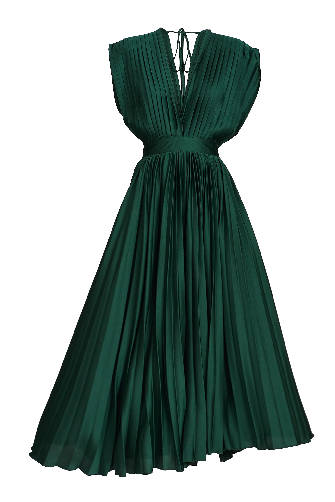 Pleated Emerald Satin Midi Dress