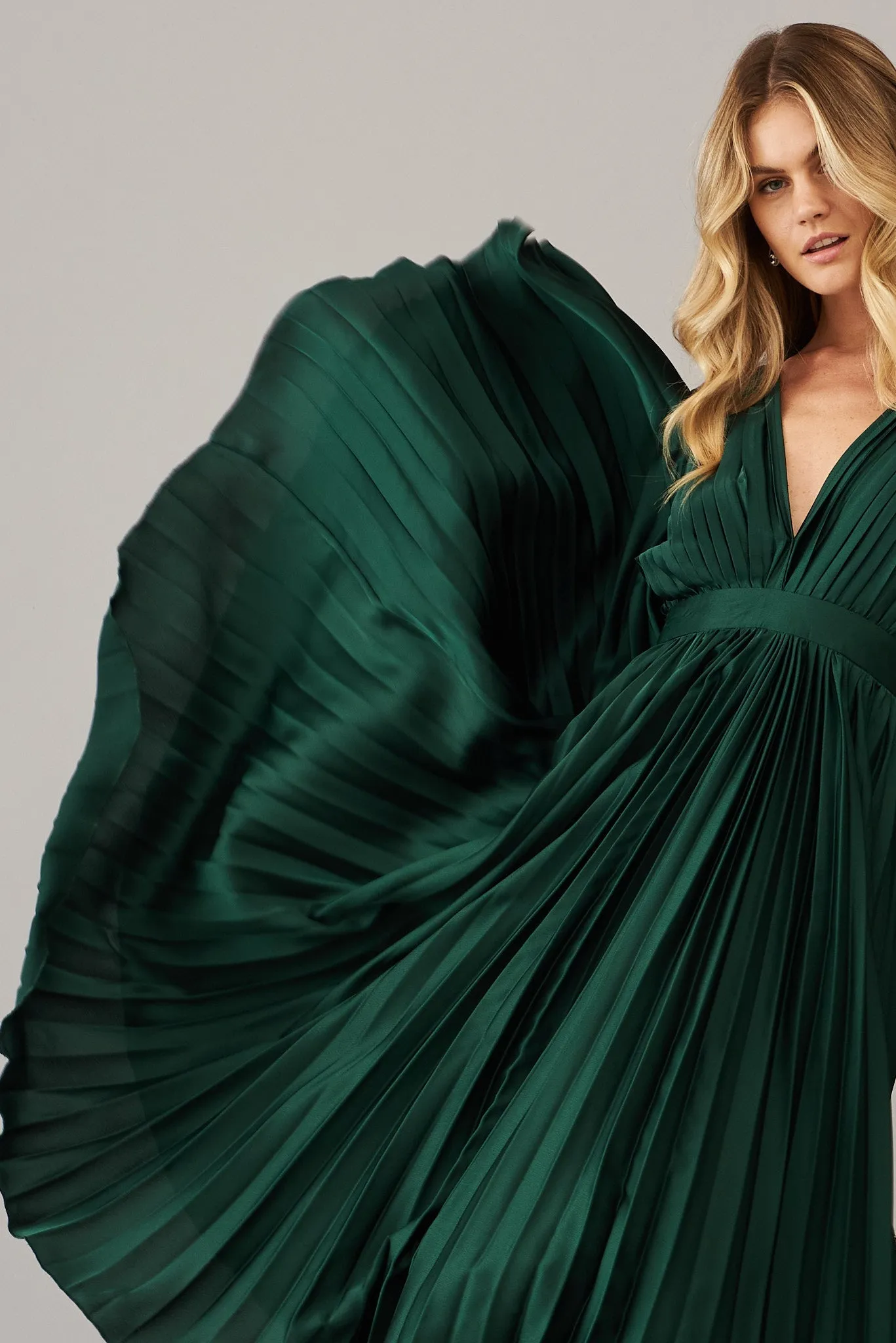Pleated Emerald Satin Midi Dress