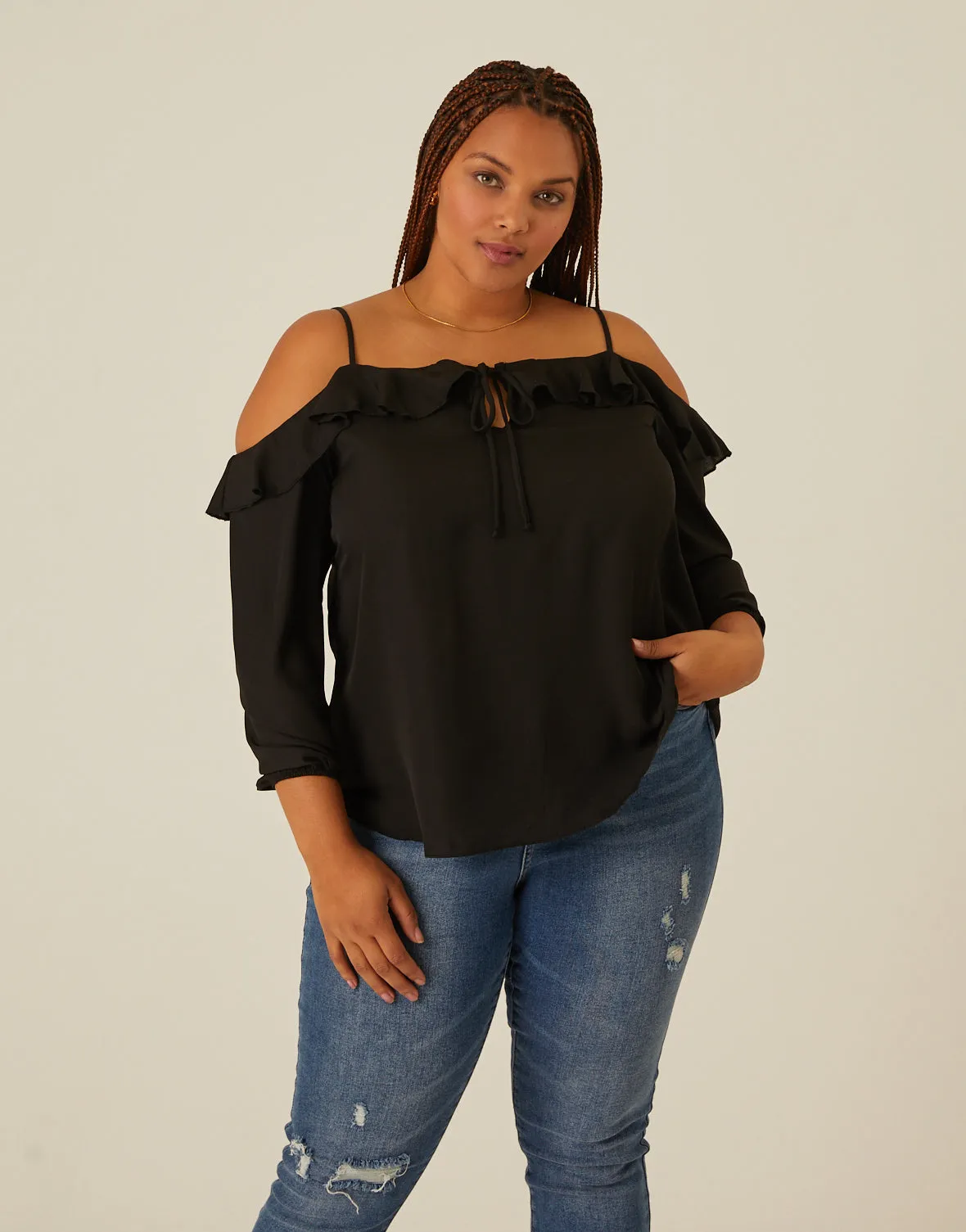 Plus Size Cold Shoulder Ruffle Blouse