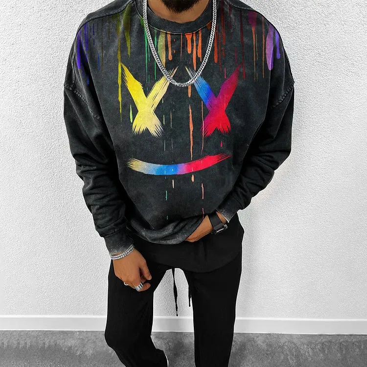 Retro Style Smiley Print Casual Oversized  Sweatshirt