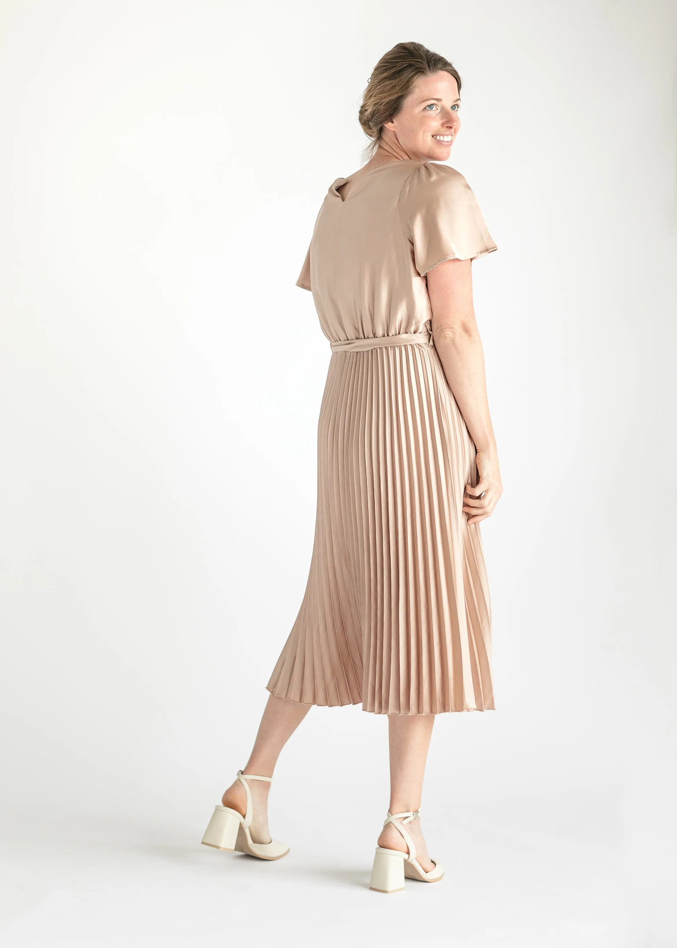 Round Neck Satin Pleated Midi Dress - FINAL SALE