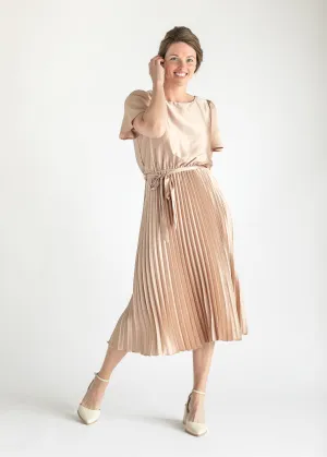 Round Neck Satin Pleated Midi Dress - FINAL SALE