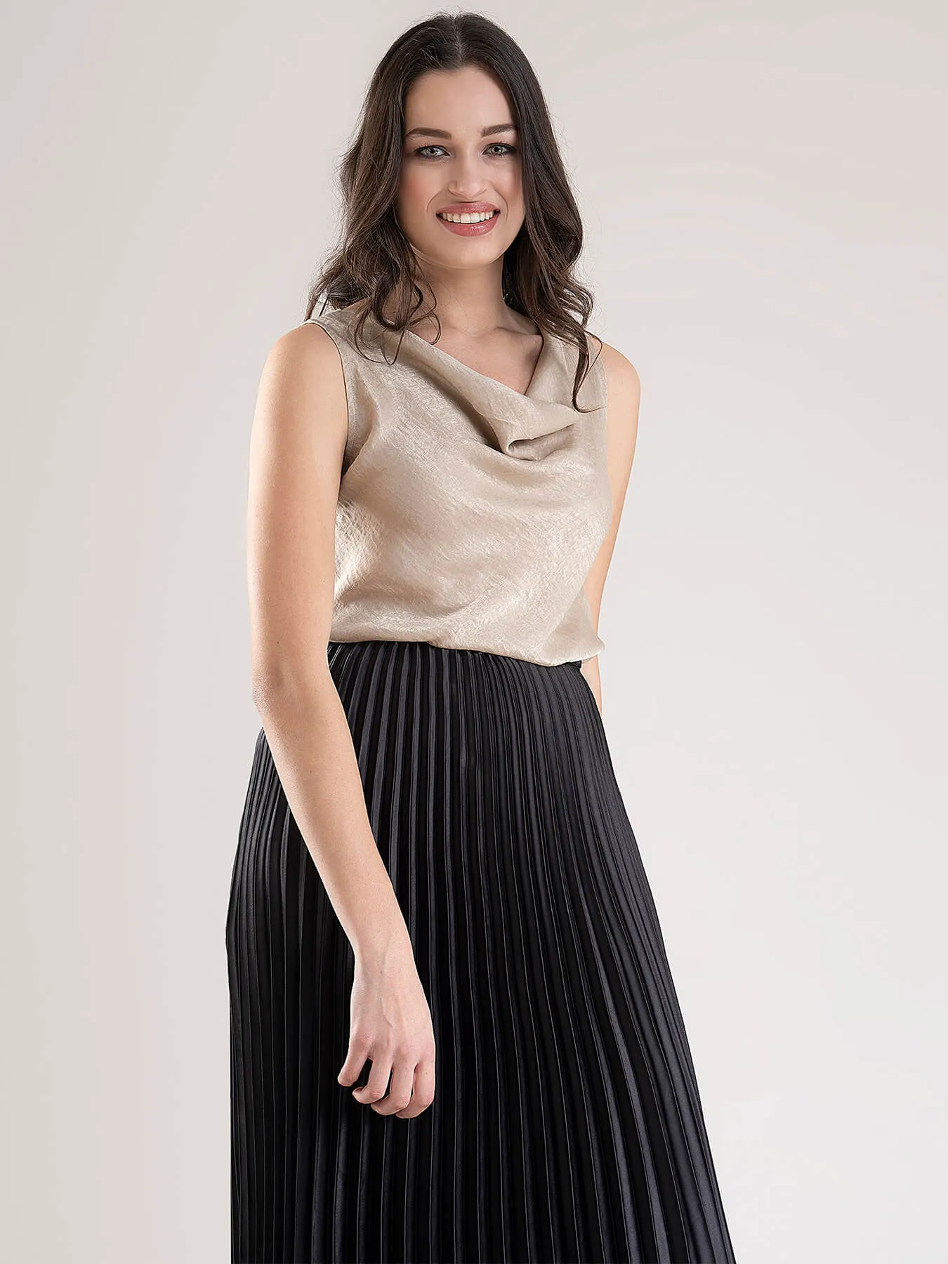 Satin Cowl Neck Top And Pleated Satin Skirt Co-ord - Beige And Black