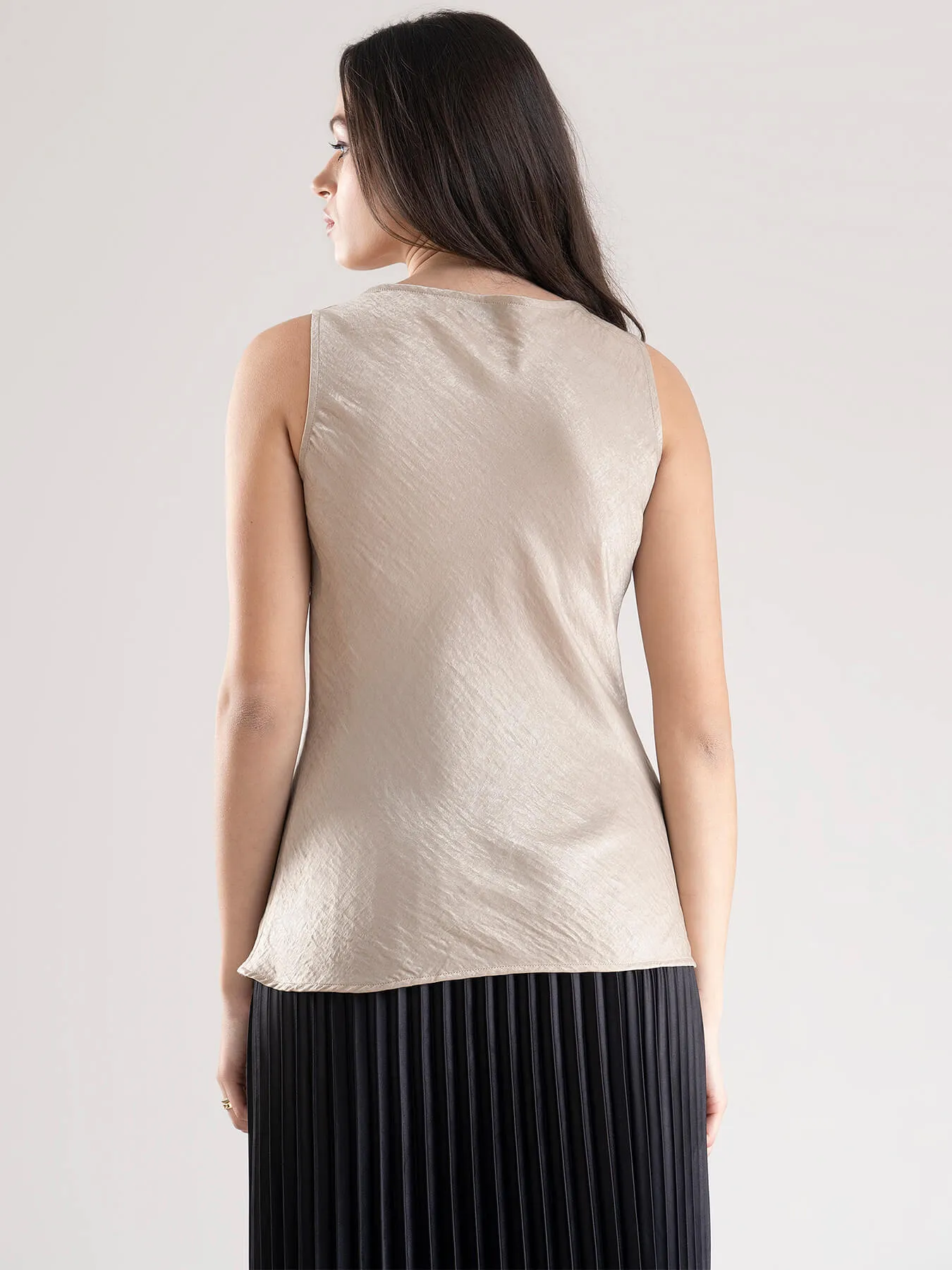 Satin Cowl Neck Top And Pleated Satin Skirt Co-ord - Beige And Black