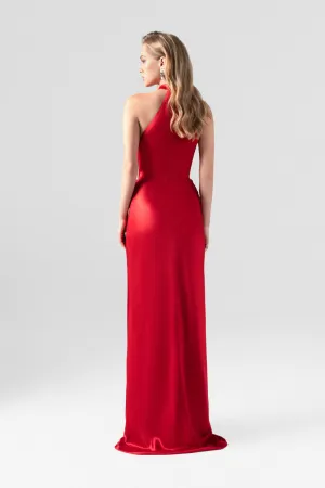 Scarlet Red Plunging Neckline Silk Gown