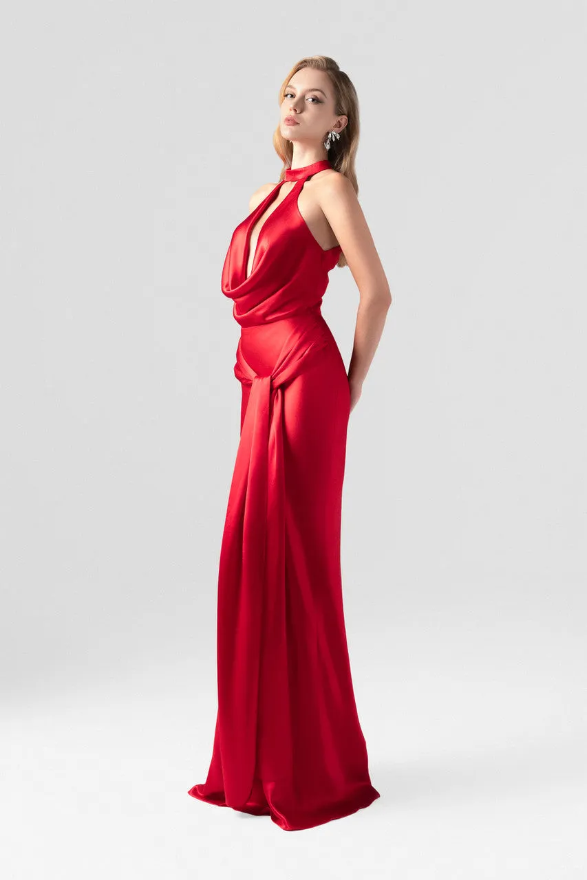 Scarlet Red Plunging Neckline Silk Gown