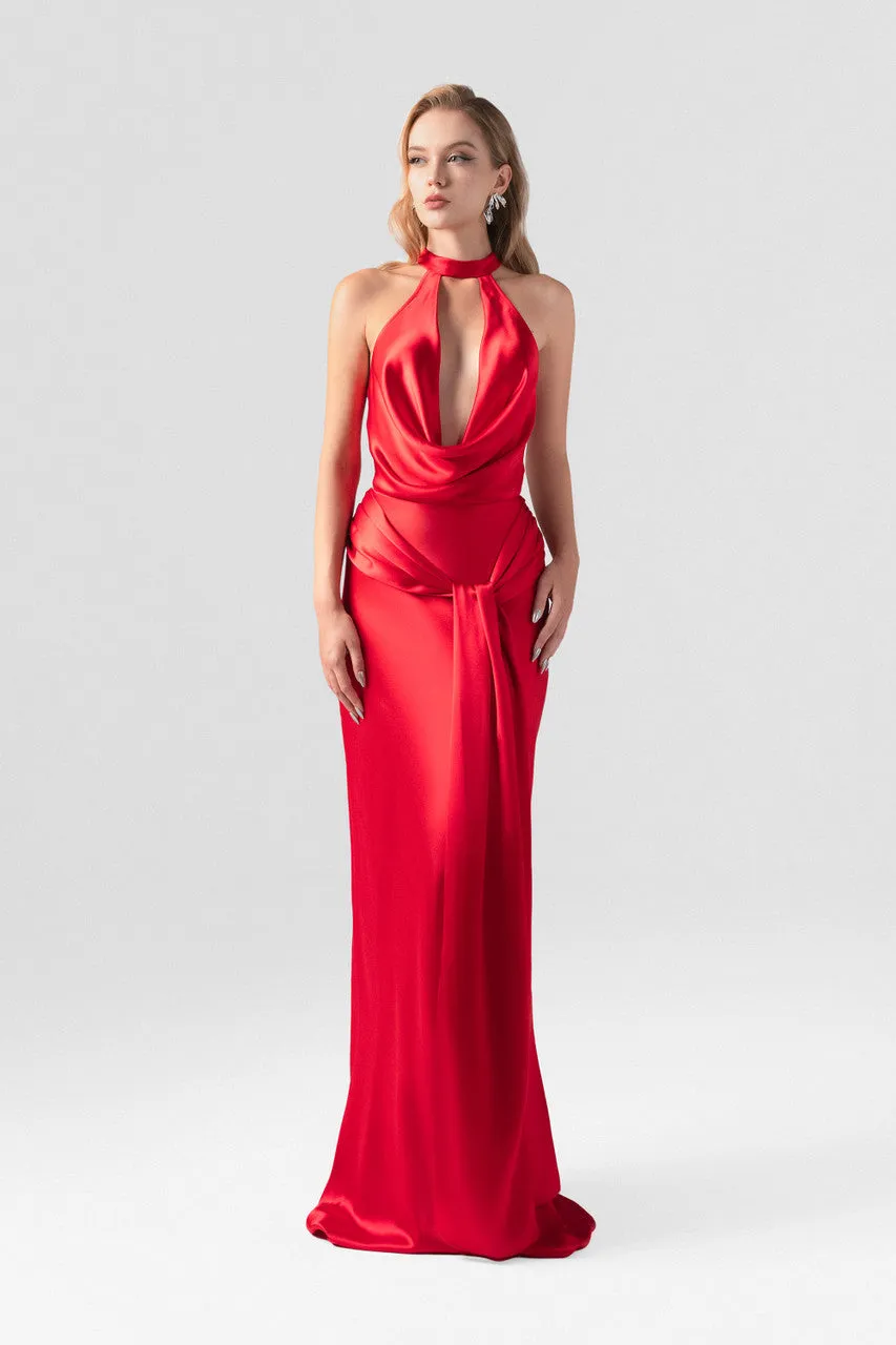 Scarlet Red Plunging Neckline Silk Gown