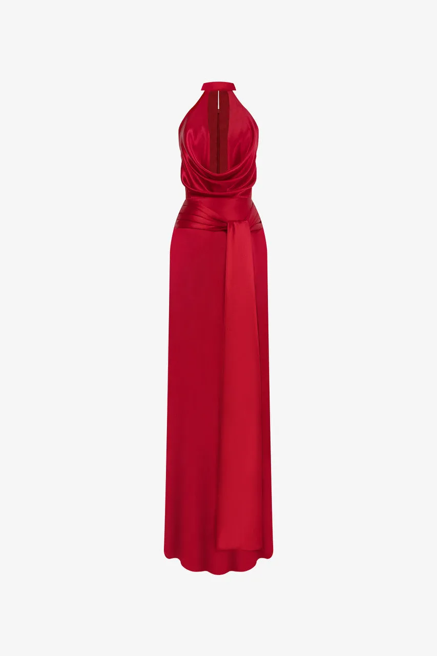 Scarlet Red Plunging Neckline Silk Gown