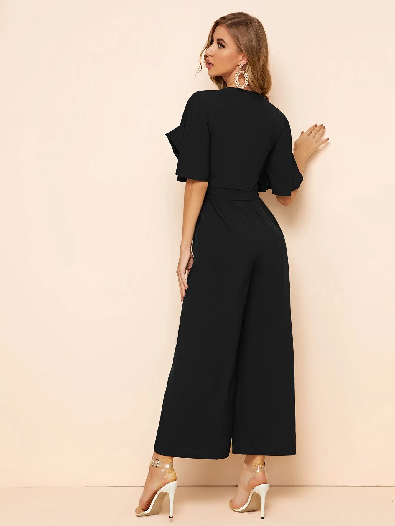 SHEIN Modely Embroidery Detail Belted Palazzo Jumpsuit