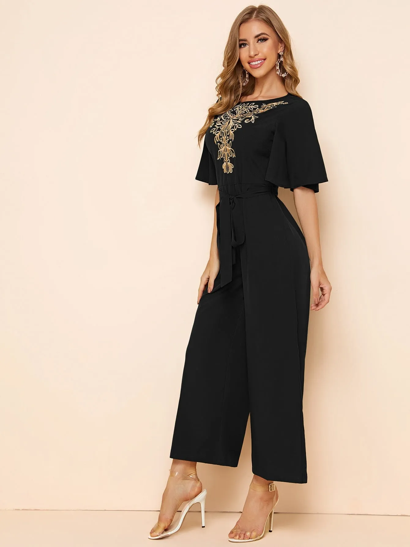 SHEIN Modely Embroidery Detail Belted Palazzo Jumpsuit