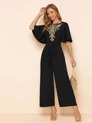 SHEIN Modely Embroidery Detail Belted Palazzo Jumpsuit