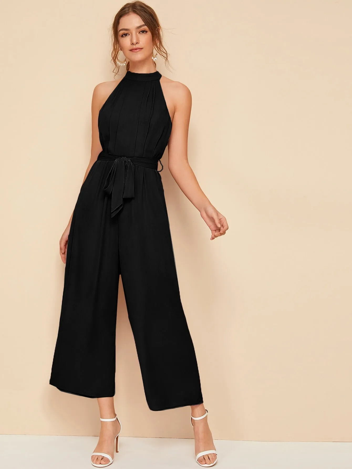 Split Back Belted Halter Palazzo Jumpsuit