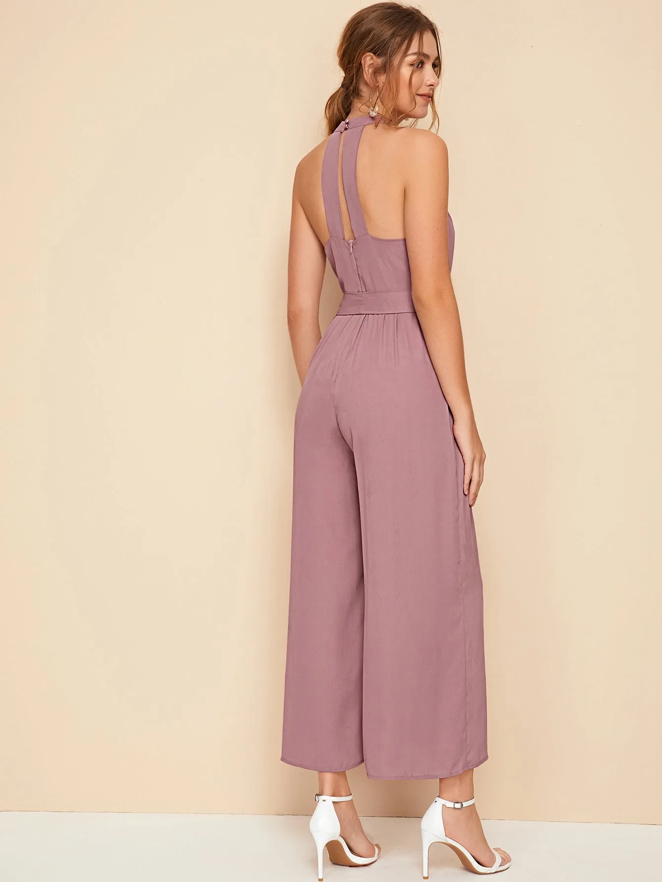 Split Back Belted Halter Palazzo Jumpsuit