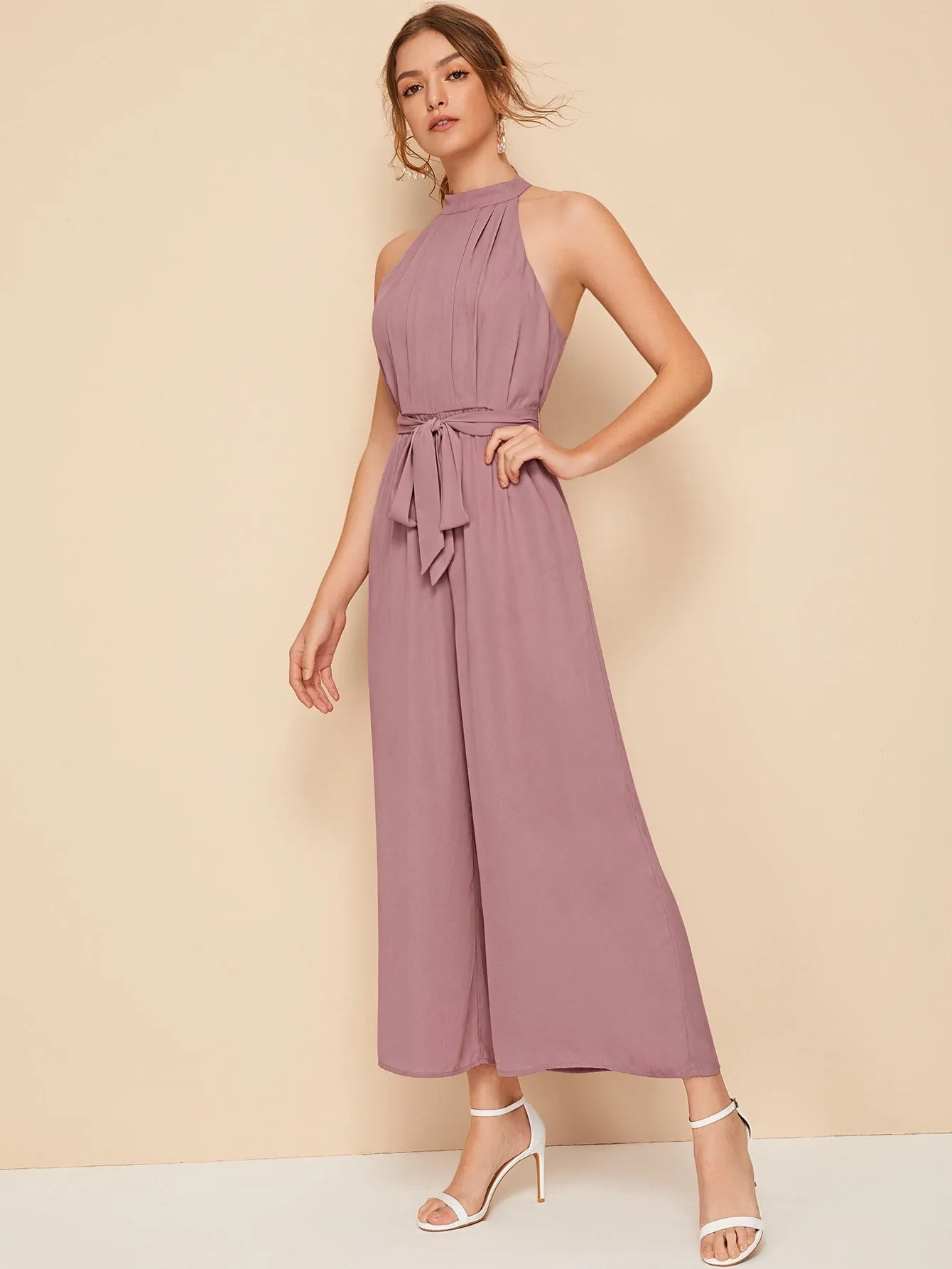 Split Back Belted Halter Palazzo Jumpsuit