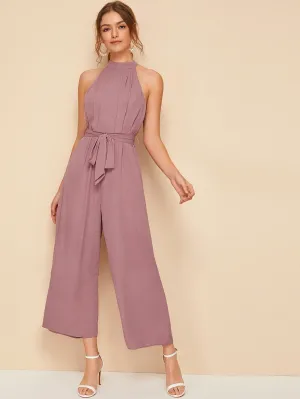 Split Back Belted Halter Palazzo Jumpsuit