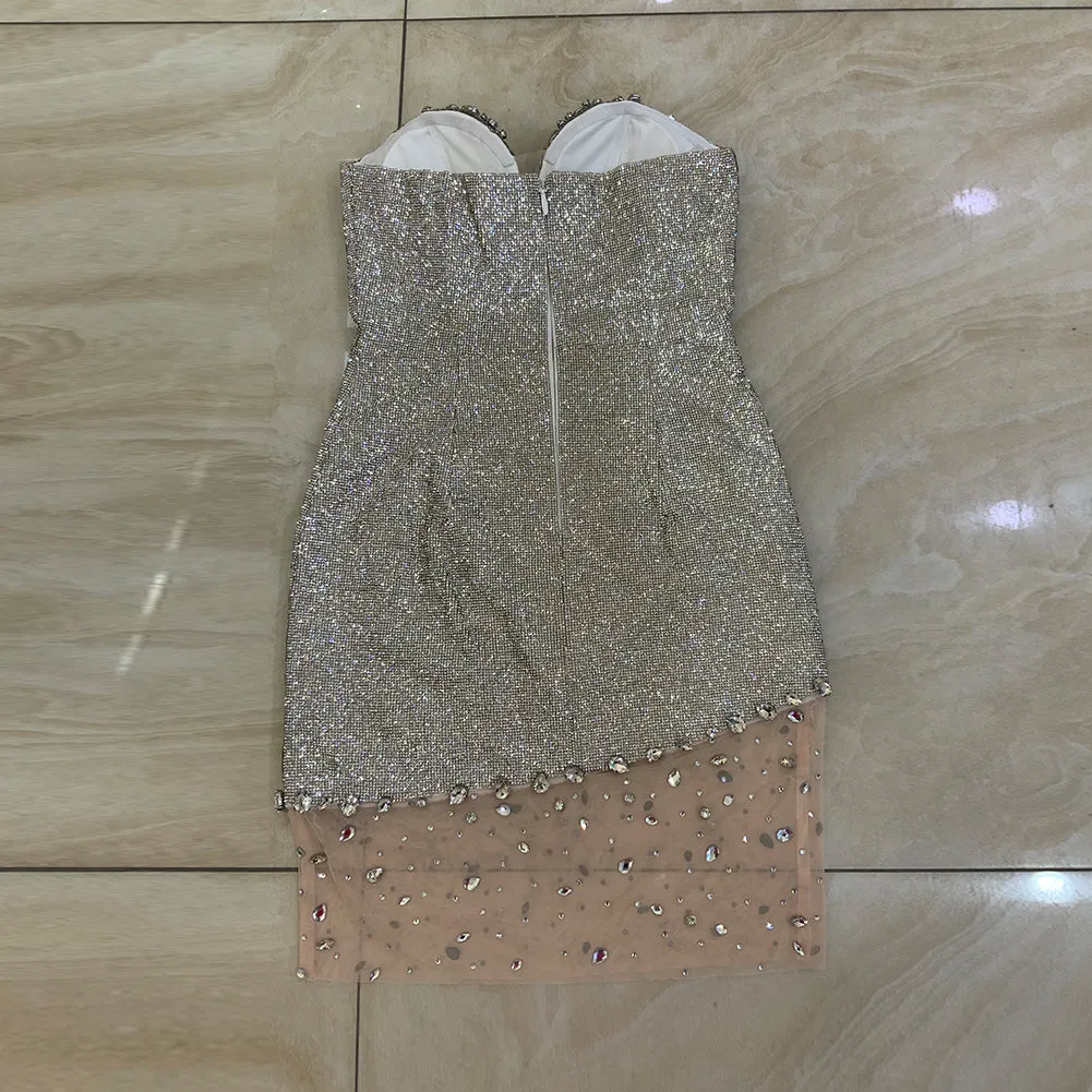 Strapless Sleeveless Rhinestone Mini Bodycon Dress HT3051