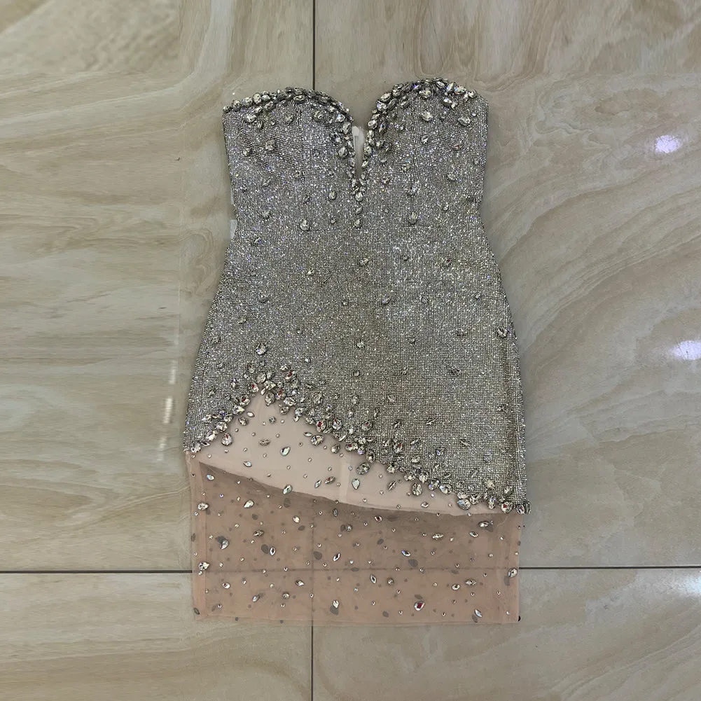 Strapless Sleeveless Rhinestone Mini Bodycon Dress HT3051