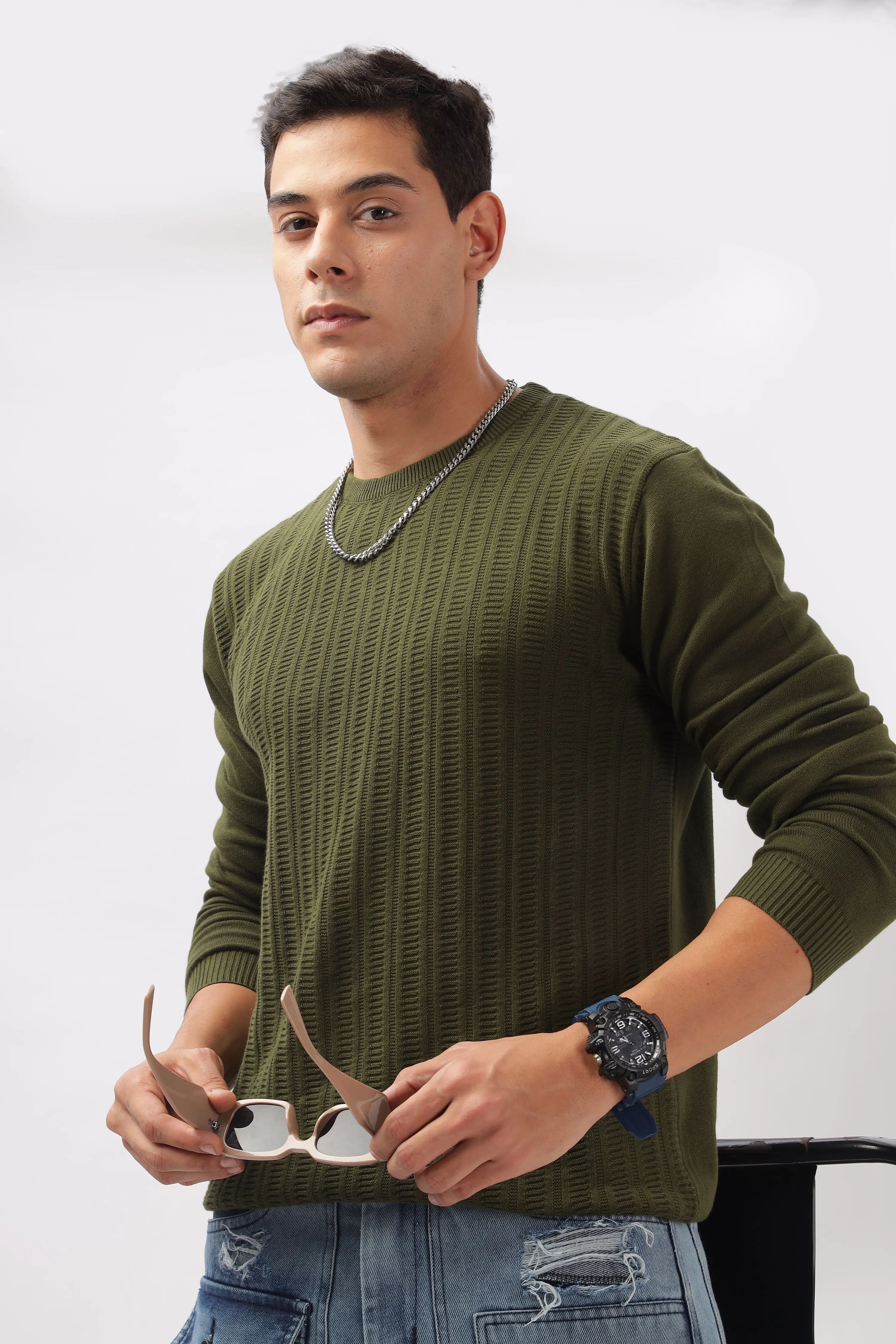 Stripes Knitted Green Full-Sleeve T-Shirt