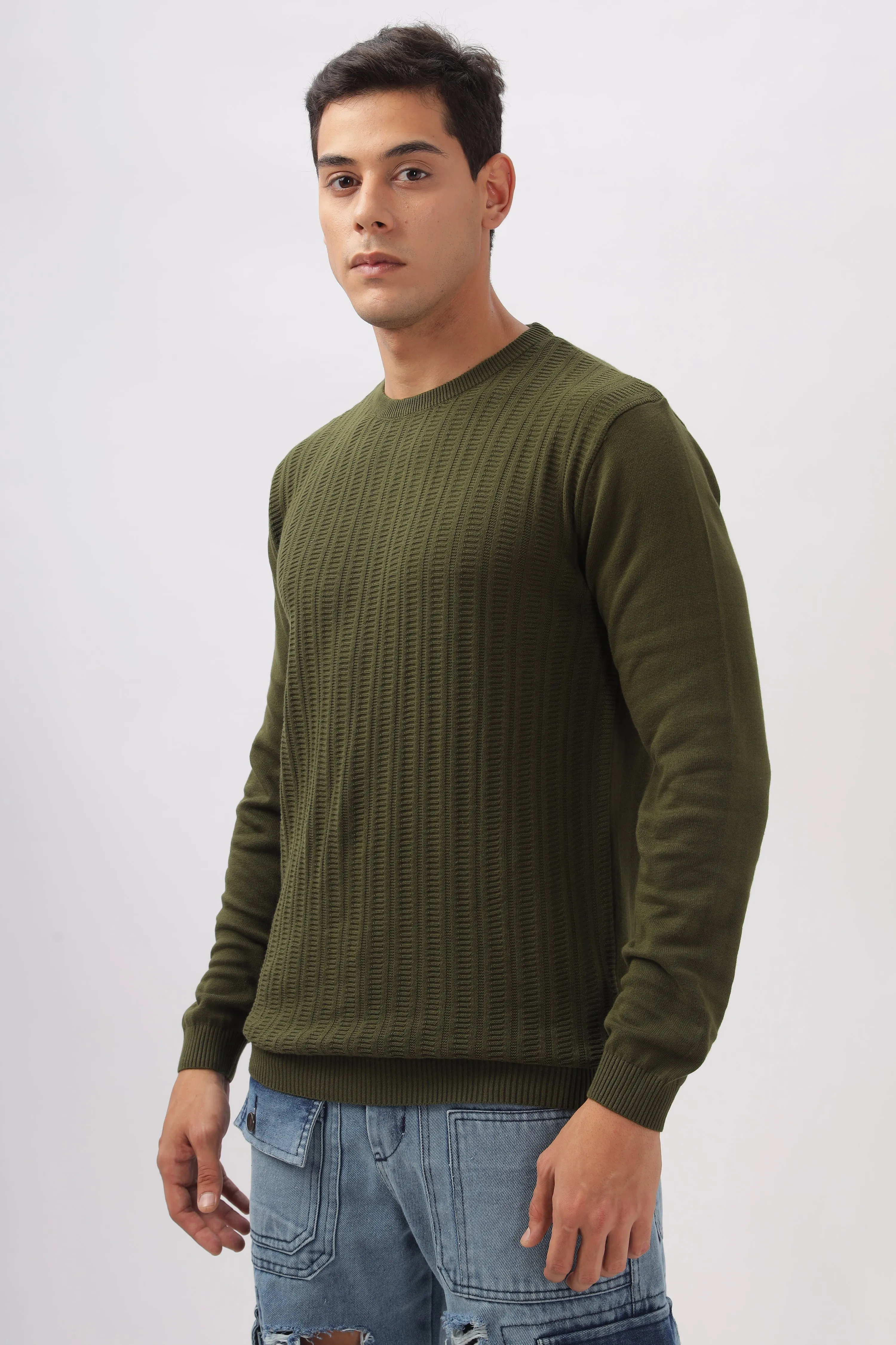 Stripes Knitted Green Full-Sleeve T-Shirt