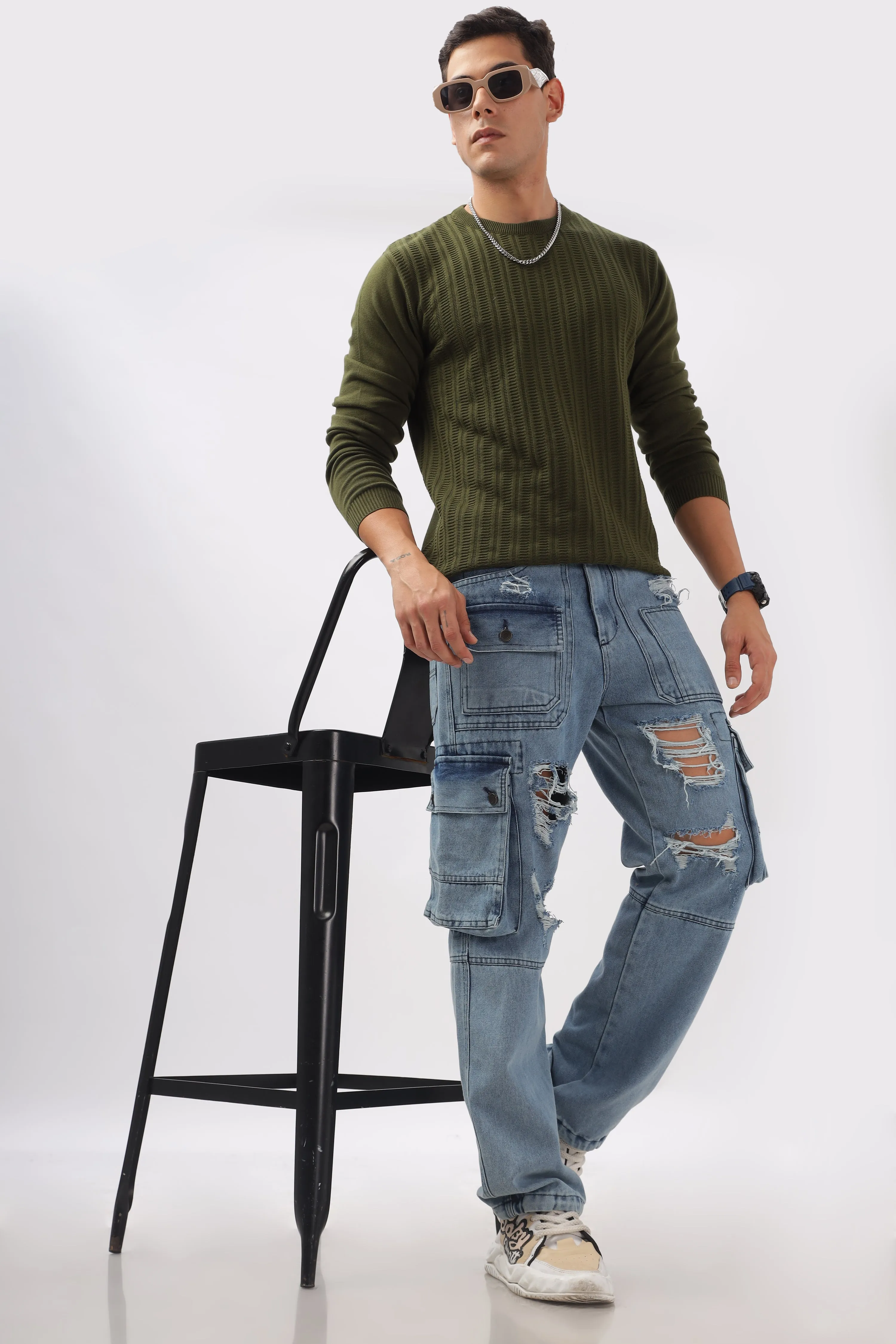 Stripes Knitted Green Full-Sleeve T-Shirt