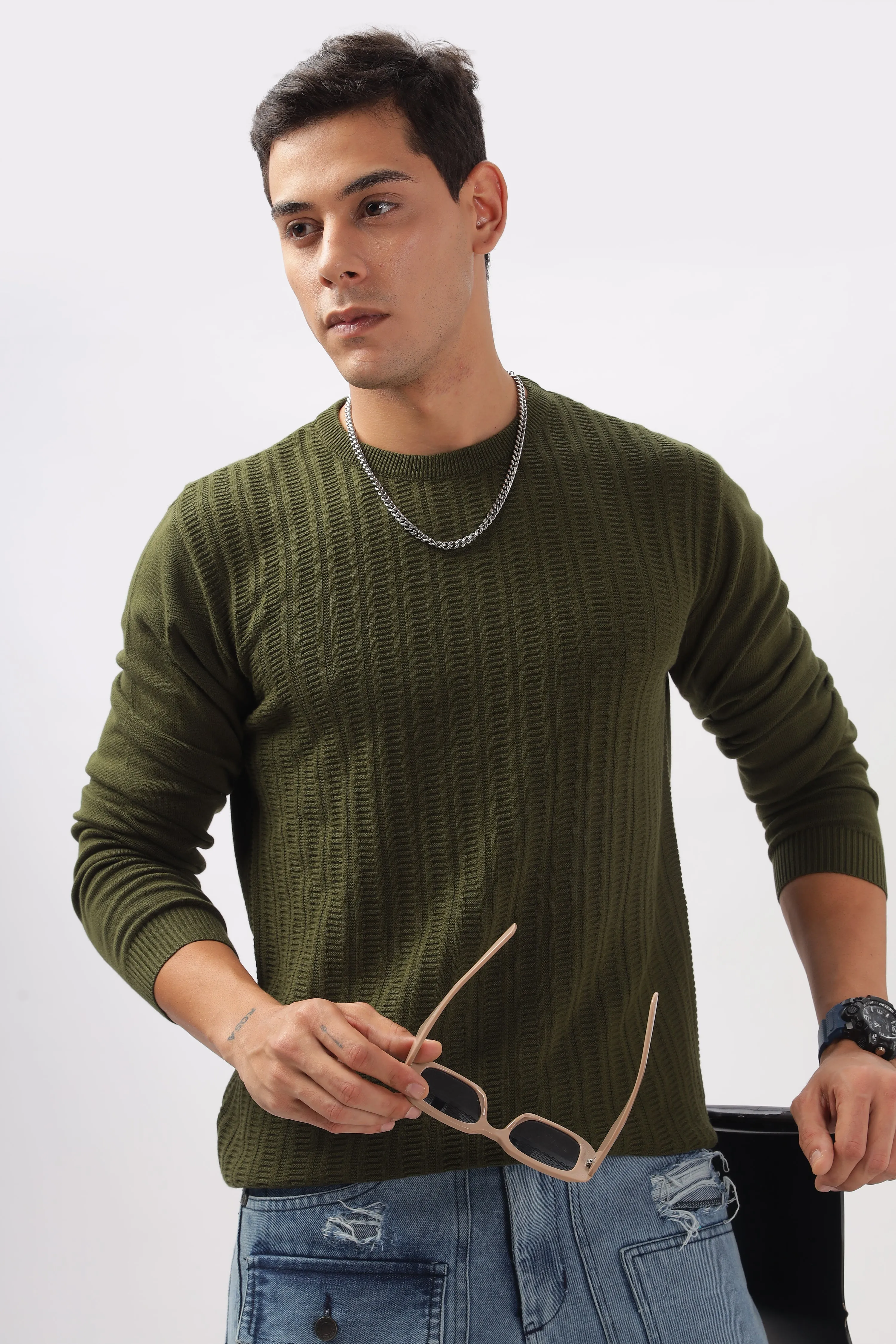 Stripes Knitted Green Full-Sleeve T-Shirt