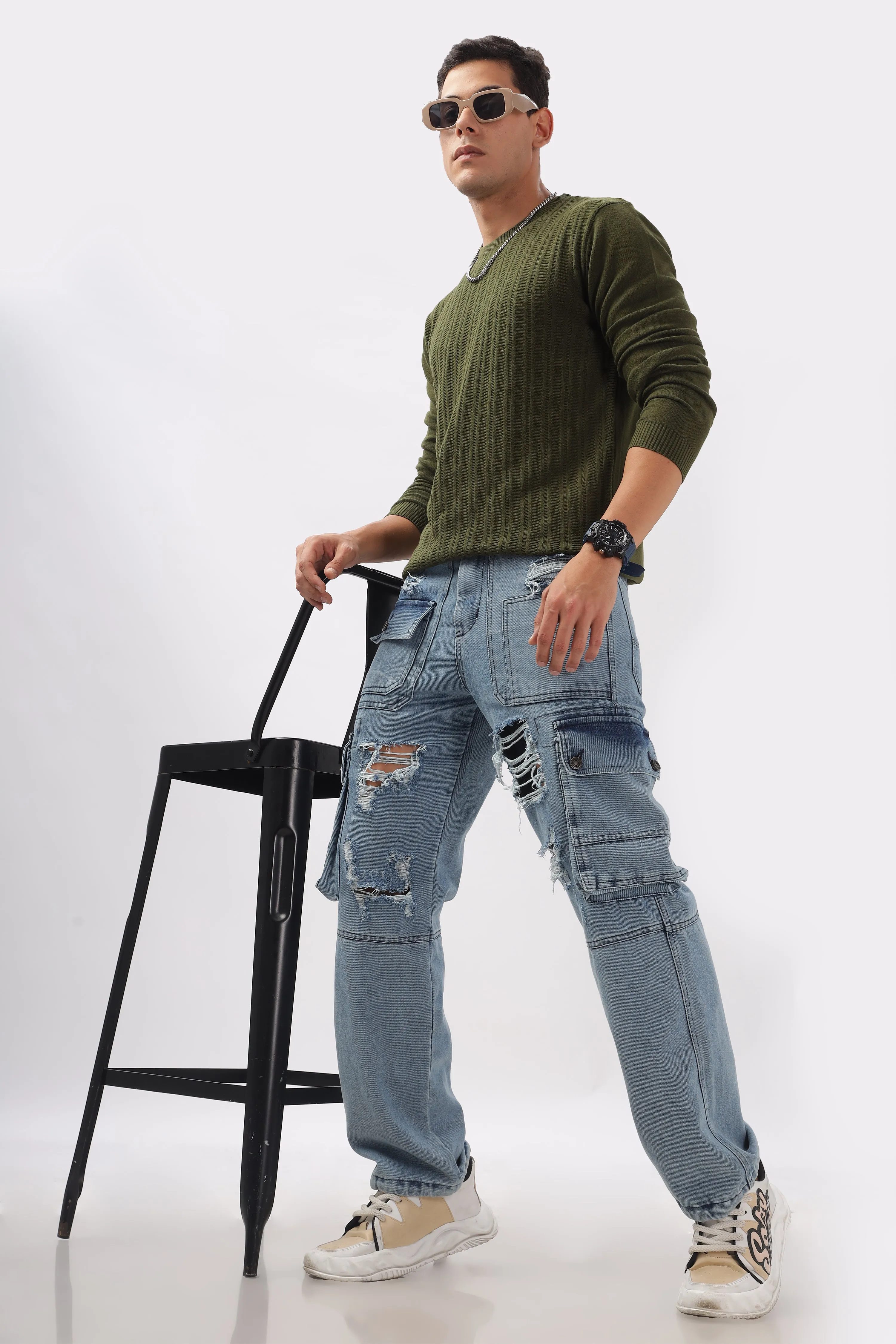 Stripes Knitted Green Full-Sleeve T-Shirt