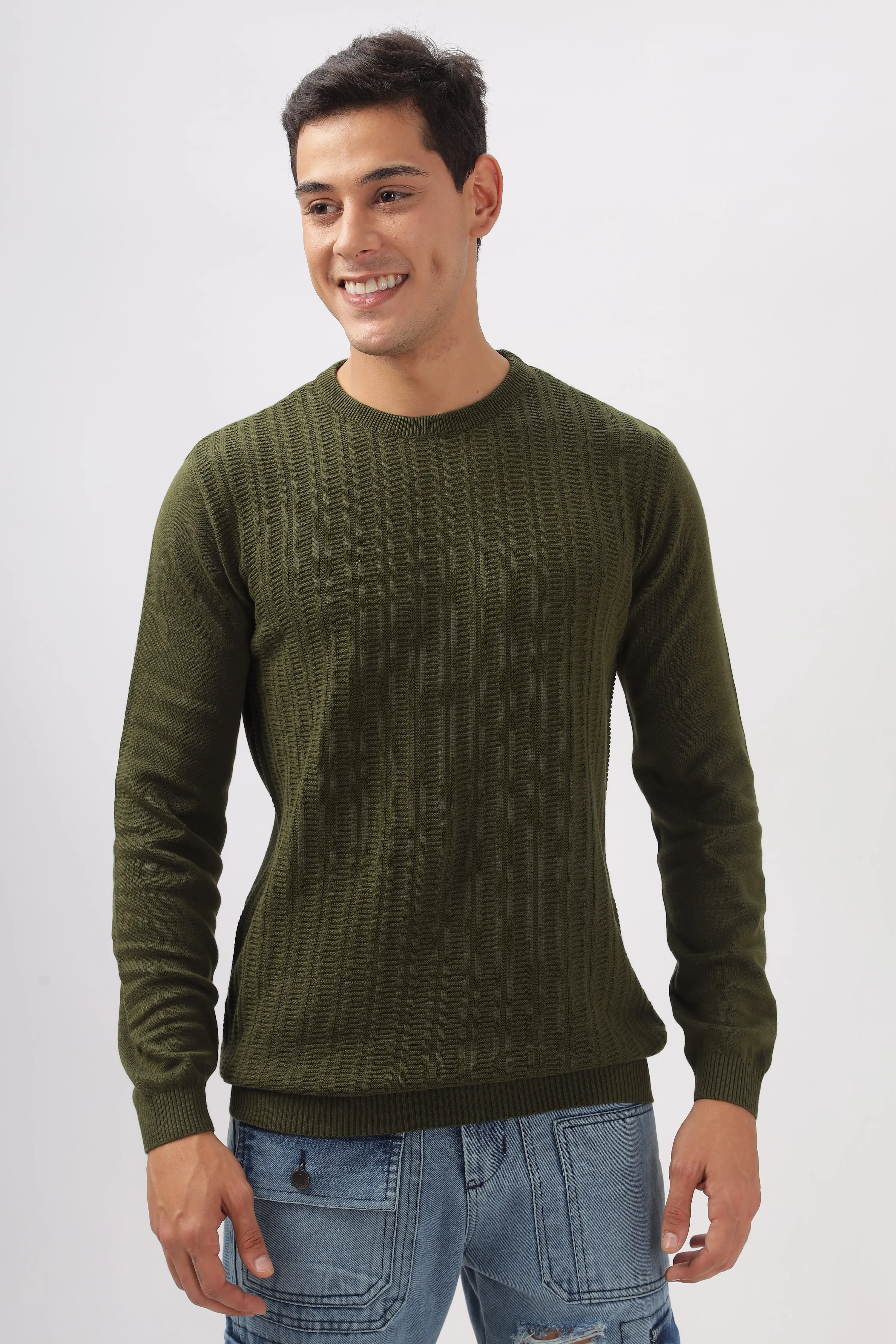 Stripes Knitted Green Full-Sleeve T-Shirt