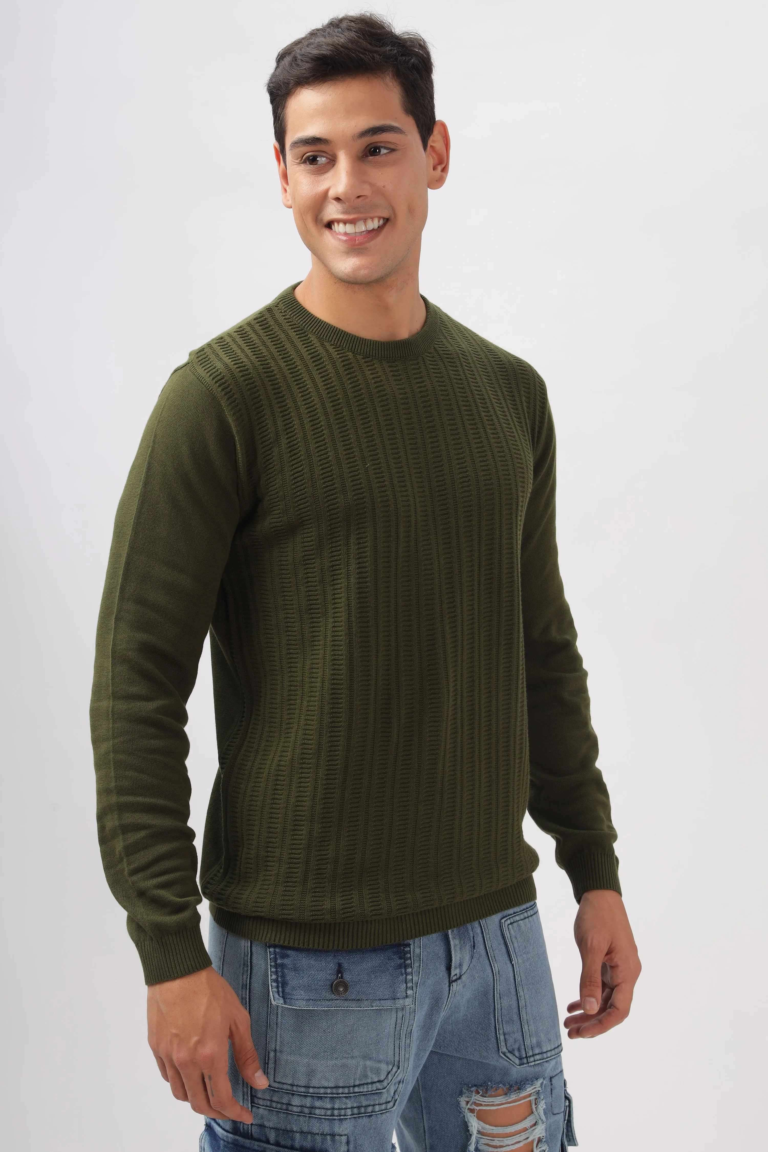 Stripes Knitted Green Full-Sleeve T-Shirt