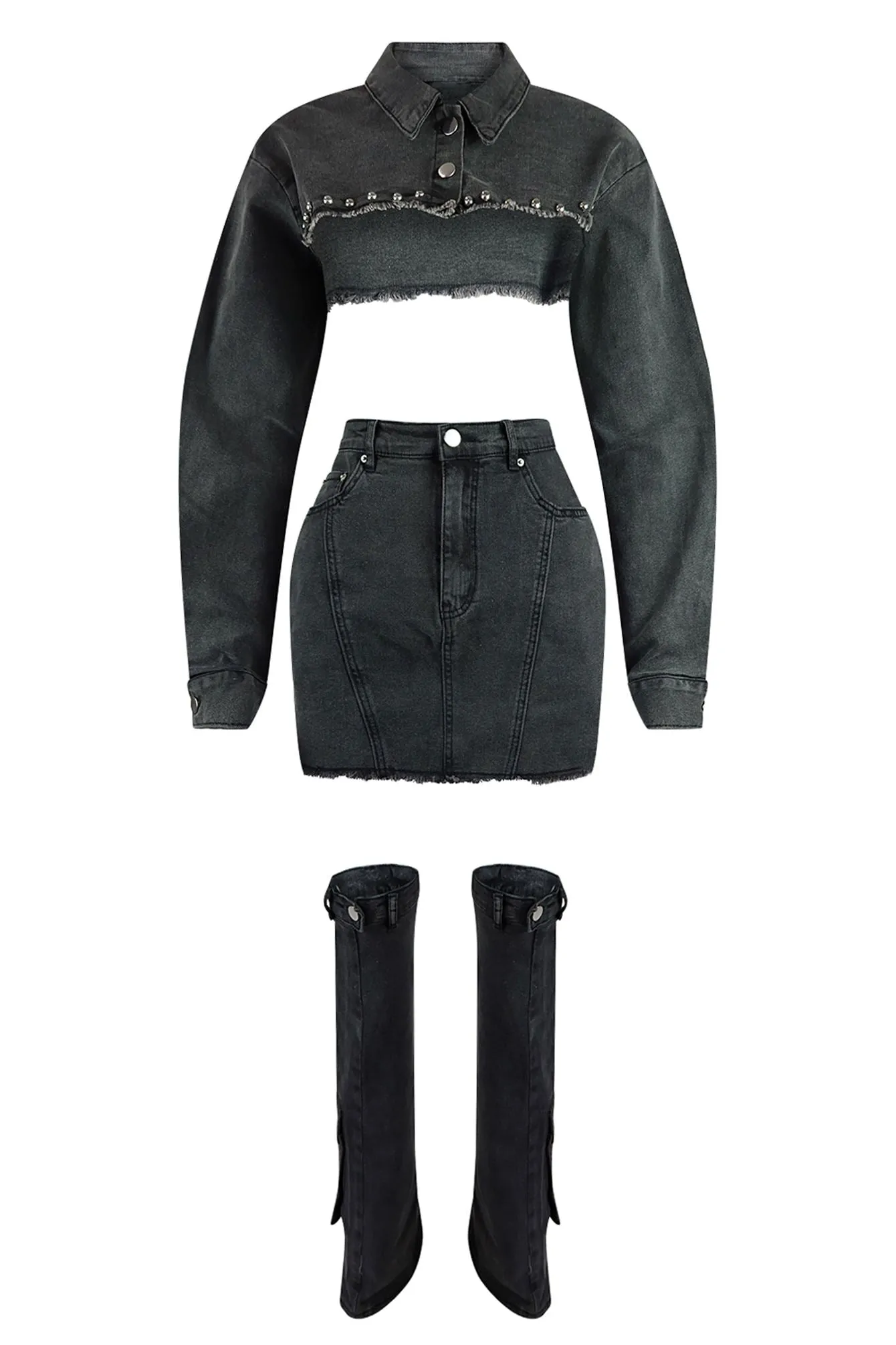 Stud Denim Jacket & Skirt Leg Warmers SET