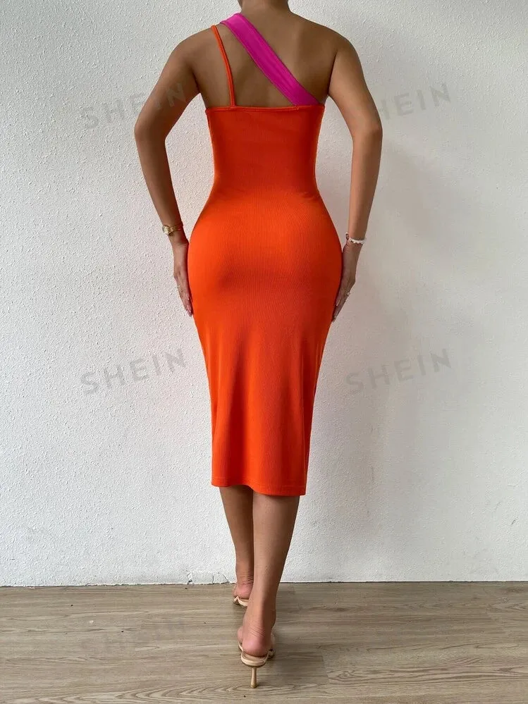 Two tone cut out one shoulder asymmetrical hem dress in multi