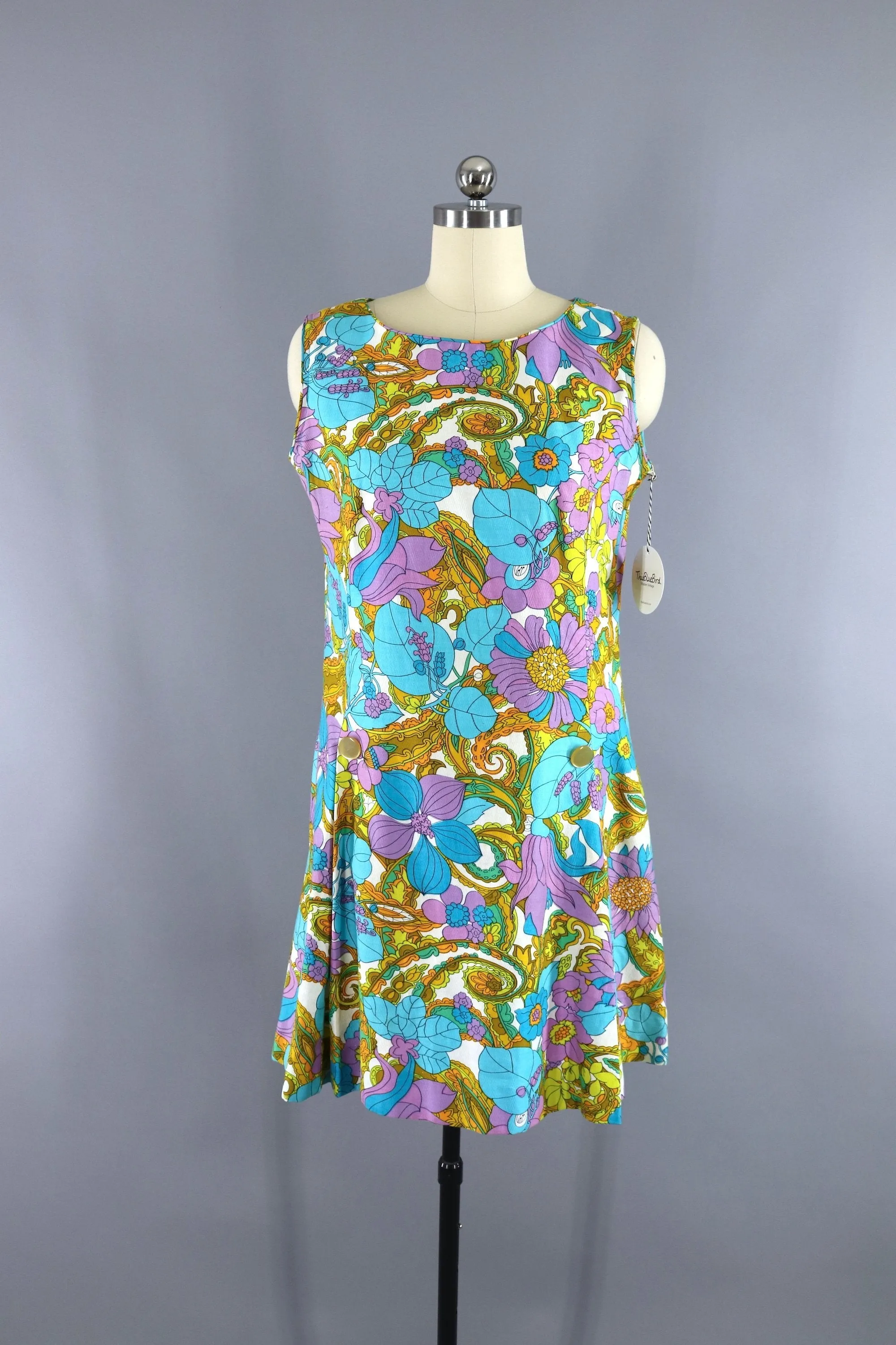 Vintage 1960s Betty Hartford Aqua Blue Mod Floral Print Day Dress
