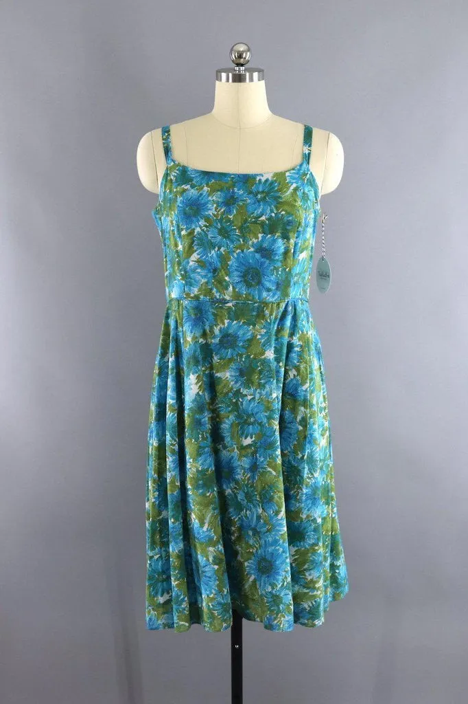 Vintage 1960s Blue Floral Print Cotton Sundress