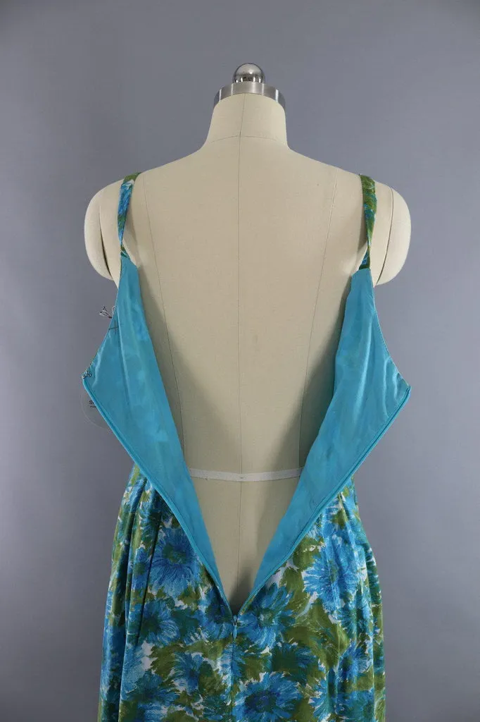 Vintage 1960s Blue Floral Print Cotton Sundress