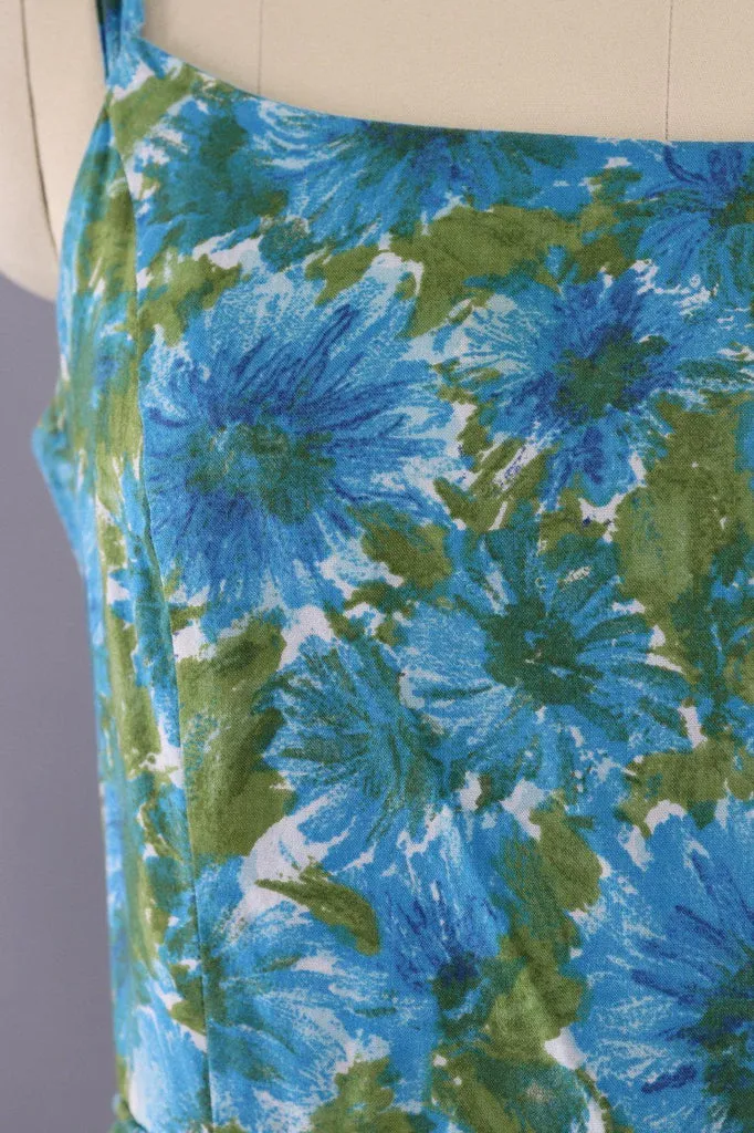 Vintage 1960s Blue Floral Print Cotton Sundress