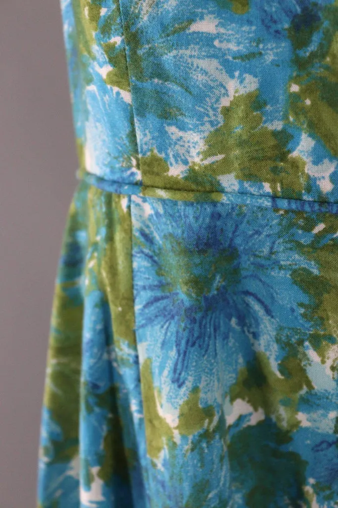 Vintage 1960s Blue Floral Print Cotton Sundress