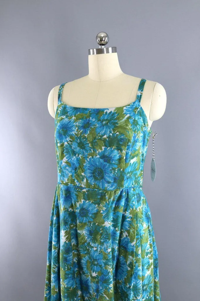 Vintage 1960s Blue Floral Print Cotton Sundress