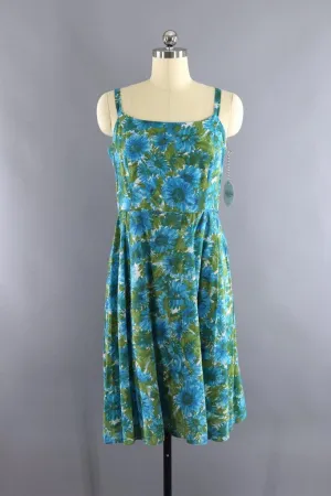 Vintage 1960s Blue Floral Print Cotton Sundress