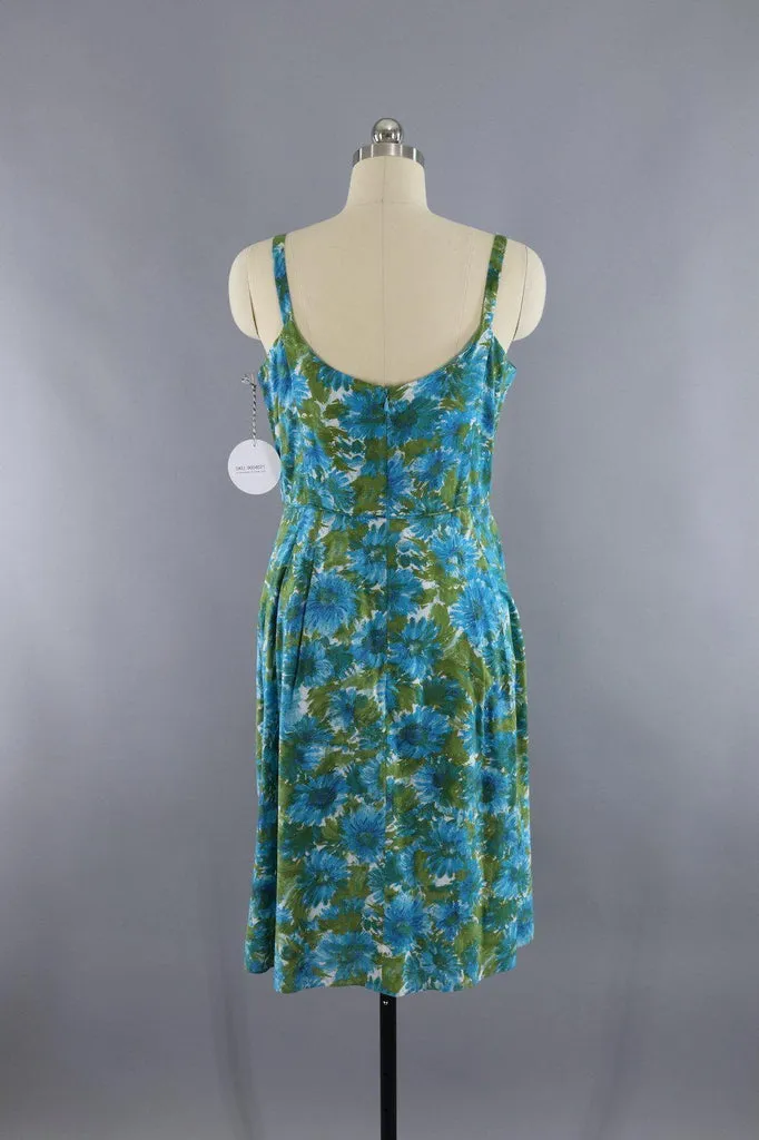 Vintage 1960s Blue Floral Print Cotton Sundress