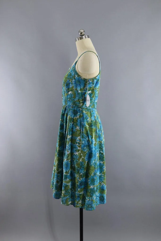 Vintage 1960s Blue Floral Print Cotton Sundress