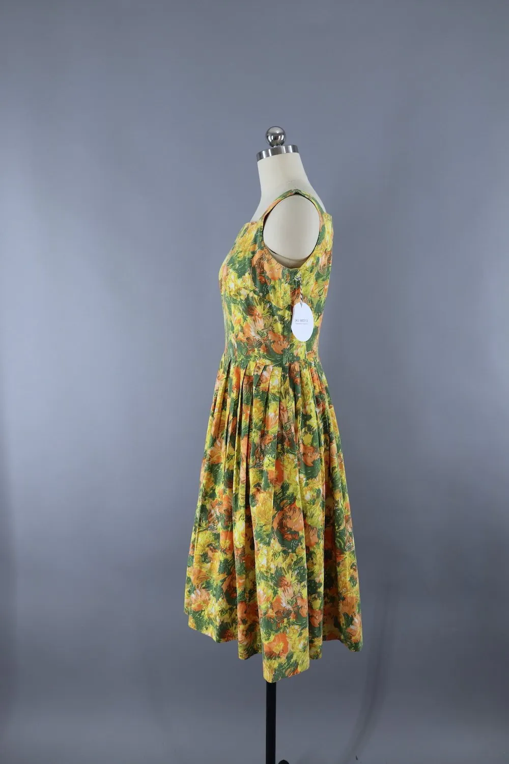 Vintage Cotton Sundress / Yellow & Green Print