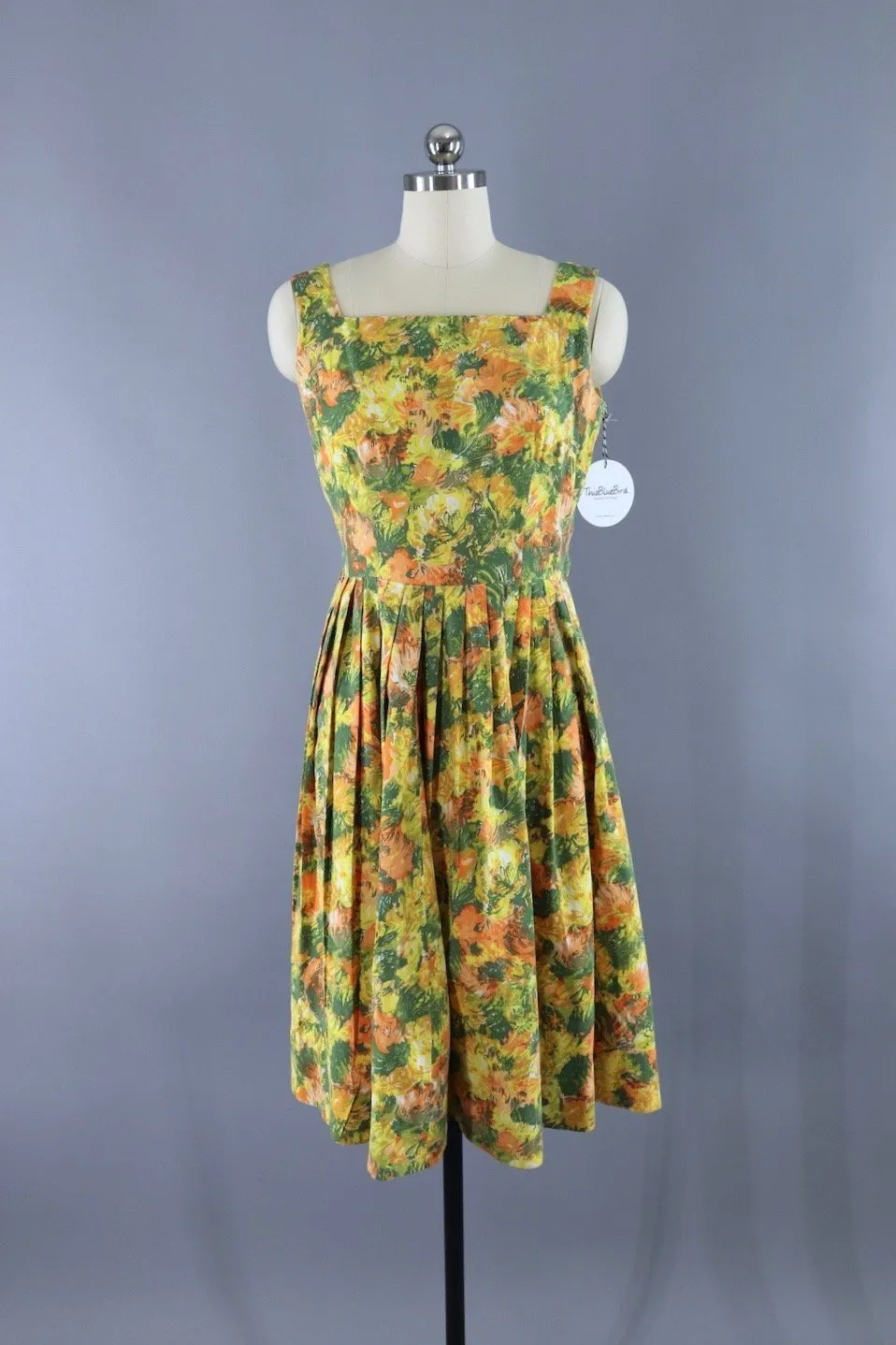 Vintage Cotton Sundress / Yellow & Green Print