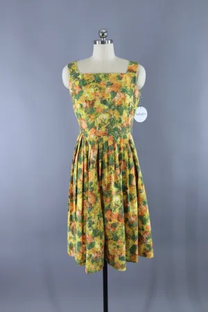 Vintage Cotton Sundress / Yellow & Green Print