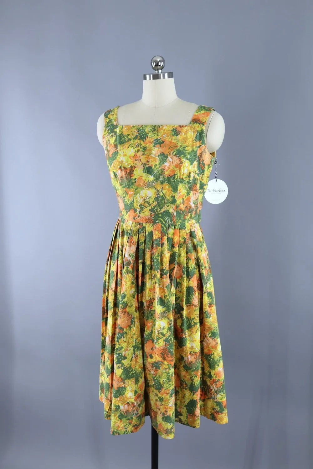Vintage Cotton Sundress / Yellow & Green Print