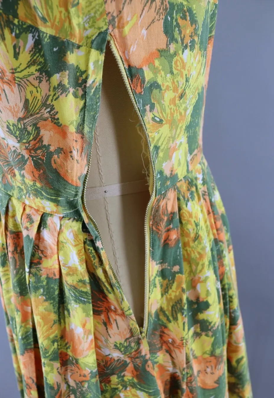 Vintage Cotton Sundress / Yellow & Green Print
