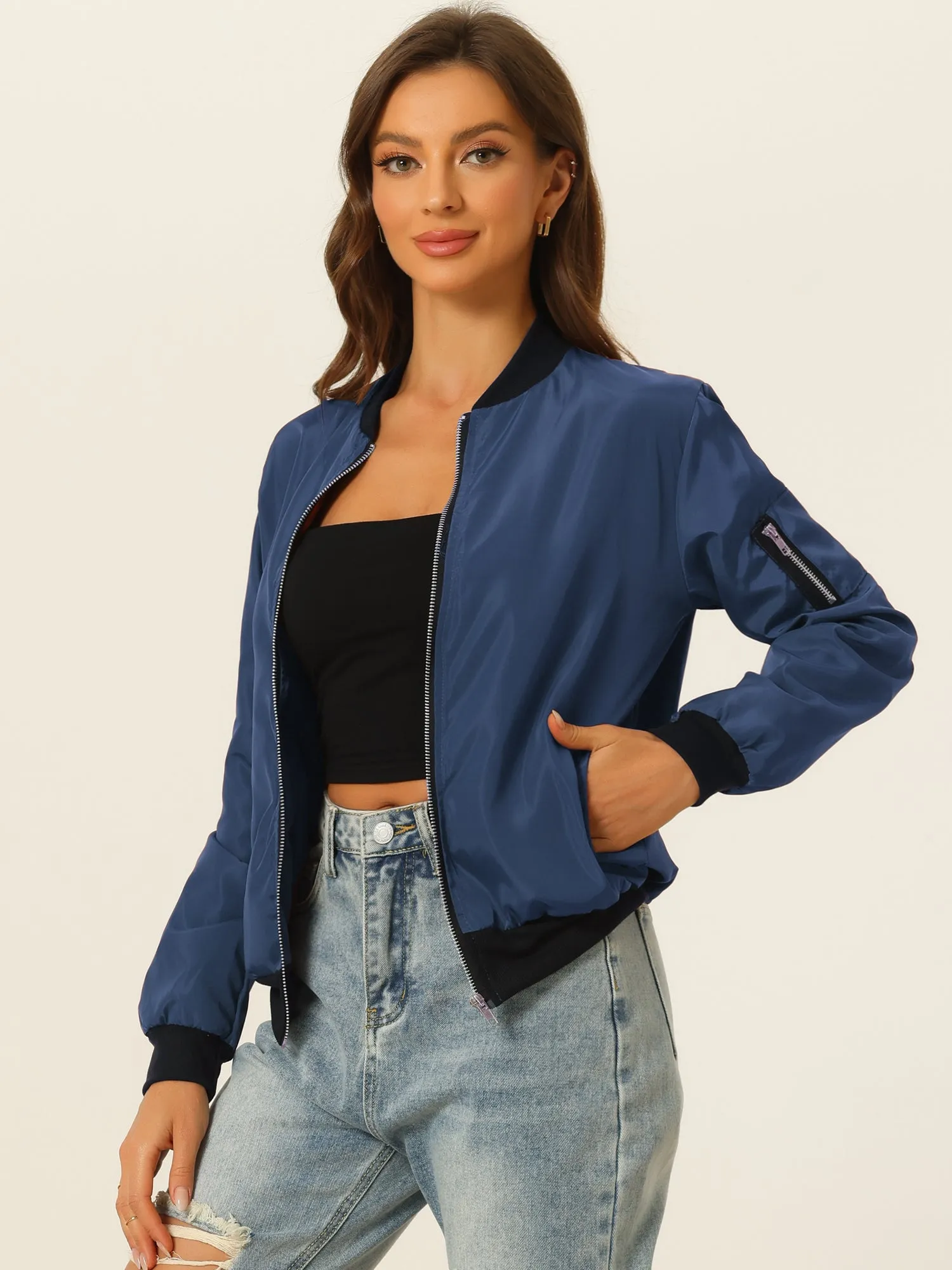 Windbreaker Pockets Casual Lightweight Zip Up Bomber Jacket