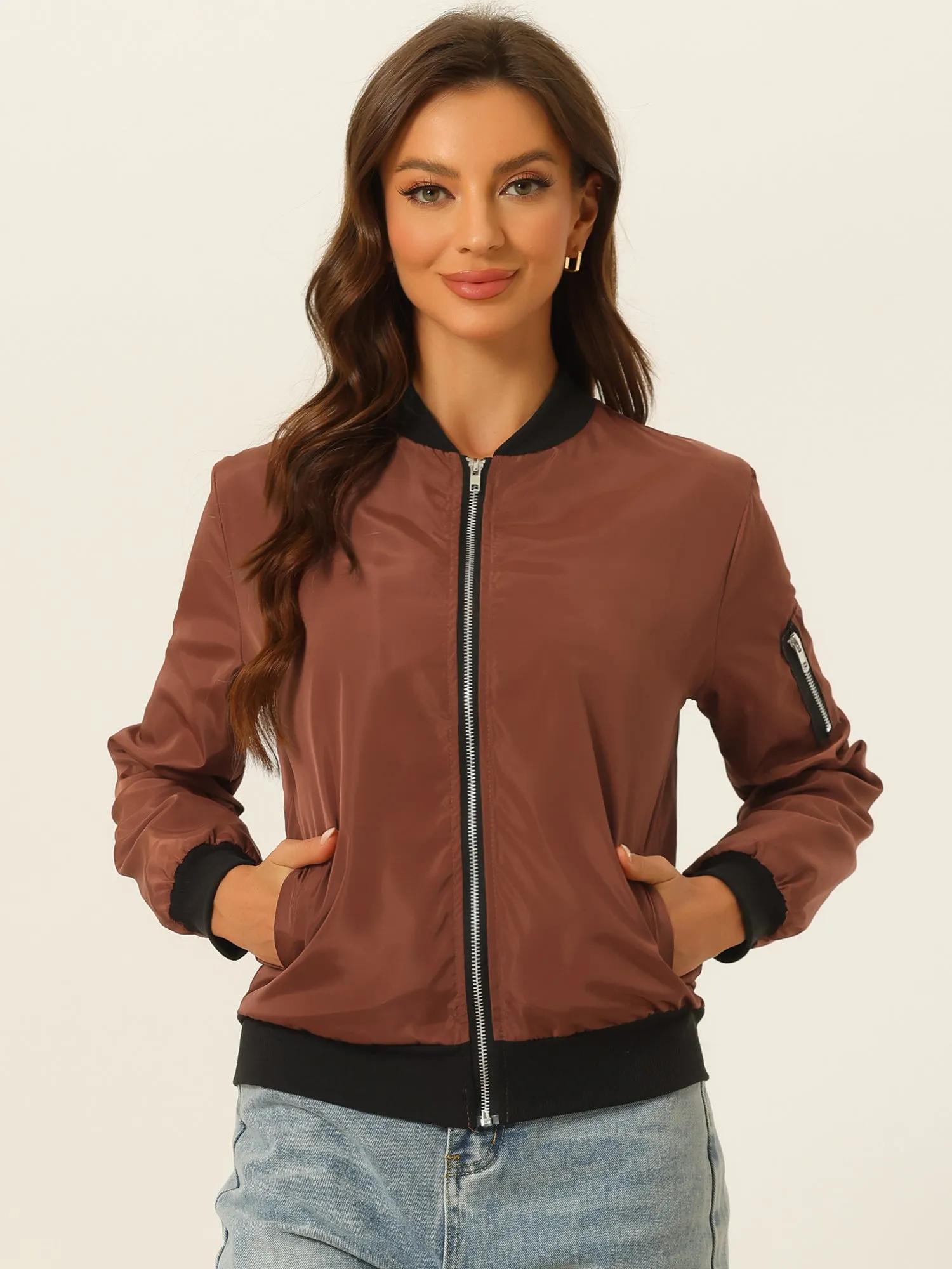 Windbreaker Pockets Casual Lightweight Zip Up Bomber Jacket