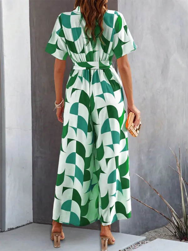 Women Elegant Geometric Jumpsuit - Belted Full-Length Playsuit