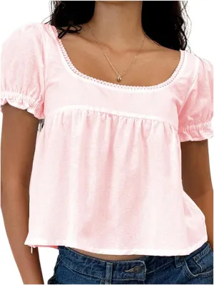 Women Y2k Puff Short Sleeve Top Backless Ruffle Hem Square Neck Fitted Crop Blouse Pleated Solid T Shirt