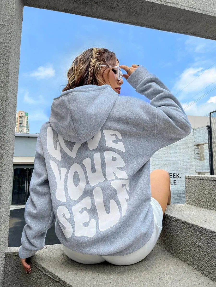 Women's Casual Oversized Hoodie with "Love Yourself" Back Print | Ideal for Autumn/Winter