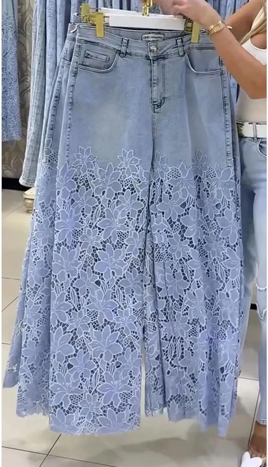 Women's Lace Patchwork Hollow Jeans, High Waisted Casual Vintage Baggy Straight Wide Leg Denim Pants Trouser